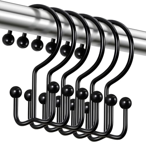 CHICTIE Black Shower Curtain Hooks, Double Shower Curtain Rings, Stainless Steel Shower Curtain Hooks Rings Rust Proof, Anti-Drop Shower Hooks Hangers for Shower Curtain Rods Bathroom (12 Pack)