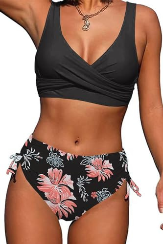 Yutdeng Conjunto de Bikini Mujer Push Up Sexy Traje de Baño Dos Piezas Estampado Floral Bikinis Cintura Alta Fruncido Bañador Cuello en V Cruz Relleno Tops y Braguitas Control de Vientre Cordón Slim