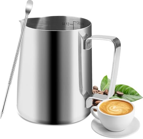 Hisdricus Bricco Latte Acciaio Inox, 350 ml Bollitore Latte, Latte Art, con Segni di Misurazione, Penna Adatto, per Latte Artistico, Adatto per Cappuccino, Caffè Latte e Caffè Espresso