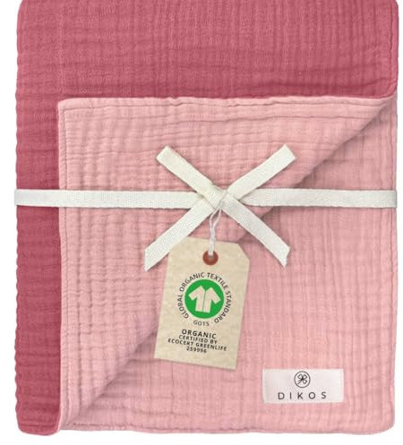 DIKOS® Musselin Babydecke Sommer 6-lagig 70×100 cm – aus weicher, atmungsaktiver Bio-Baumwolle (GOTS & Öko-Tex 100) – Altrosa/Beere – Kuscheldecke, Spucktuch, Puckdecke – Geschenk zur Geburt Mädchen