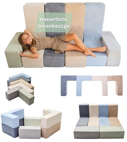 Alles Knüt - modulierbares Spielsofa,Kindersofa aus Schaumstoff Bausteinen, inkl. Wasserdichten Bezügen. 6-teilig und waschbar, Kinderzimmersofa