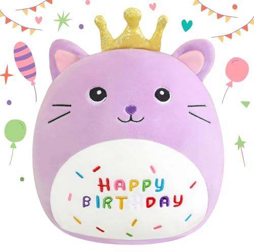 SQEQE Happy Birthday Stuffed Animal 10 Cat Soft Toys with Crown Cute Plush Pillow Cat Plush Toy for Kid Girl Boy Purple 25CM