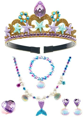 6 Pièces Princesse Dress Up Accessoires Set, Bijoux pour Enfants Petites Filles, Parure de Bijoux Enfant Sirène Kits, Boucles D'oreilles Couronne, Colliers, Bracelets, Bagues, pour Jeux Rôle (Jaune)