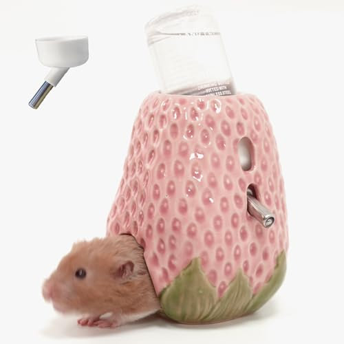 Kelivi Hamster Water Bottle, Strawberry Ceramic Guineapig Stand Holder for Glass Tank, 80ML Water Bottle Holder with 2 No Drip Caps for Syrian Mice, Gerbil