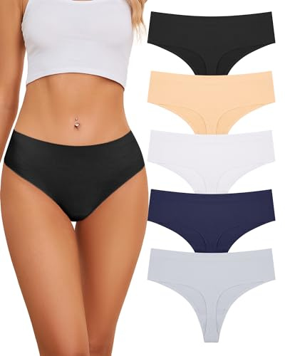 VOENXE Perizoma da Donna Senza Cuciture A Vita Alta,Slip Tange Donna Brasiliana,Invisibili Microfibra Mutande,Biancheria Confezione String Thong,Seamless,Pacco da 5