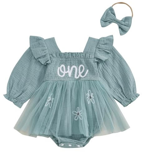 Geagodelia Infant Baby Girl 1st Birthday Romper Dress Letter Embroidery Bodysuit Jumpsuit A-Line Mesh Tulle Tutu Skirt Baptism First Birthday Princess Dress with Headband (Green, 9-12 Months)