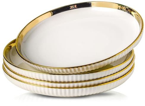 LETAOTAO Dinner Plates, Ceramic dinner Plate Set of 4, 10 inch White Serving Plates with gold trim, Stripe Texture Back, Large Pasta and Salad Plates, Dishes Set with Lipped Edges for Kitchen