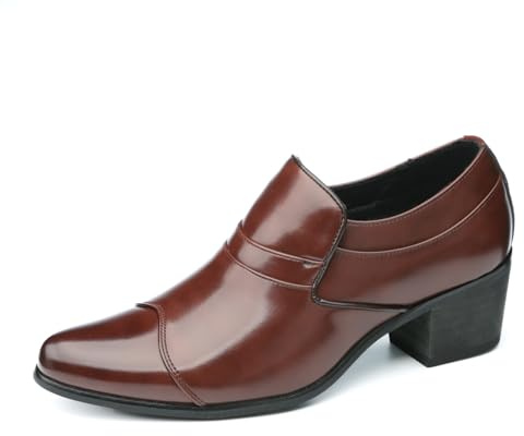 Scarpe Oxford da uomo in pelle, con tacco a blocco, senza lacci, comode, con tacco medio, stile retrò, basse, per matrimoni, lavoro, appuntamenti, Marrone, 38 2/3 EU