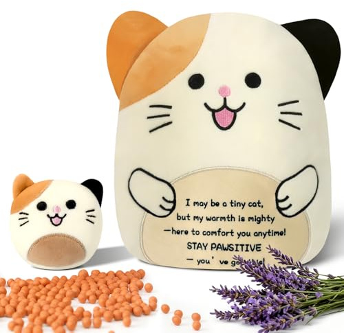 Plush Cat Weighted Stuffed Animal Microwave Heat Pad, Cute Heatable Soft Toy, Lavender Microwavable Heating Pad for Period, Pain Relief & Relaxation, Warm Portable Gift for Kids, Teen Girls & Adults
