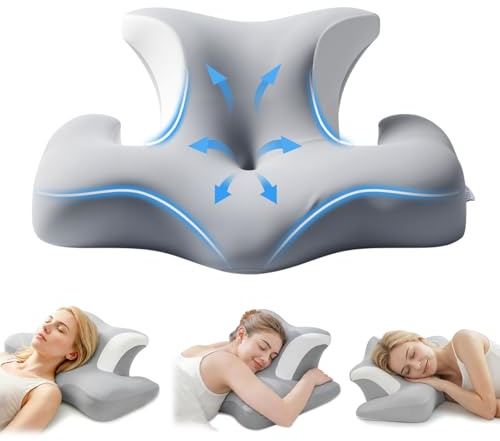 COSYLAND Almohada Cervicales y Cuello - Ergonómica para Dormir de Lado, Boca Arriba o Abajo, Espuma Viscoelástica, Diseño con Espacio para Orejas y Brazos, Funda Transpirable, 64×48×24 cm, Gris