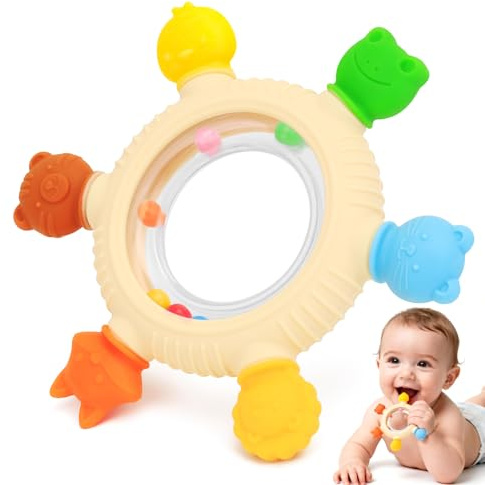 Baby Teething Rings Rattle Toys - BPA-Free Silicone Teether for 0-24 Months Infants & Toddlers, Safe Soft Chew Toys with Rattle Sound, Essential Teething Relief for Babies