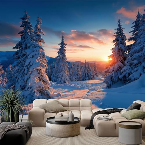 Générique 3D Papier peint panoramique montagnes neige pin, papier peint panoramique murale photographie artistique pour salon chambre chambre d'enfant - Décoration murale photo 400L x 280H cm