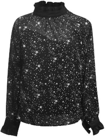 Camisetas Lentejuelas Mujer Carnaval Estrella Print Transparente Volante Stand Cuello Mangas Largas Elegante Fiesta Casual Blusa For Everyday Wear and Celebraciones