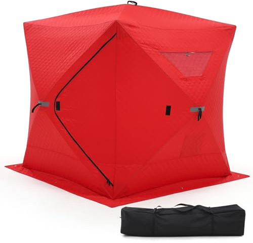 EliteEdge 6.5 * 5.7 * 5.7Ft Pop-Up Ice Fishing Shelter – 3-Layer Insulated Windproof Ice Shanty for 3-4 People, 2 Doors/2 Windows, 6 Stakes/Ropes & Carrying Bag, Red