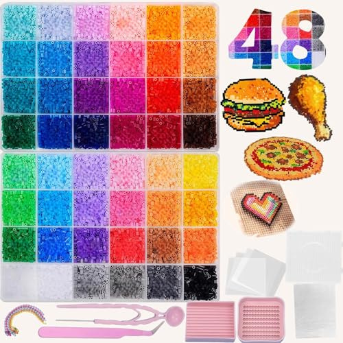 Fuse Beads 2.6mm 48 Colors Complete Craft Set for Kids, Comes with Clear Pegboards, Ironing Paper, Ironing Cloth, Bead Scoop, Needles, Tweezers, Storage Boxes & Chain Accessories