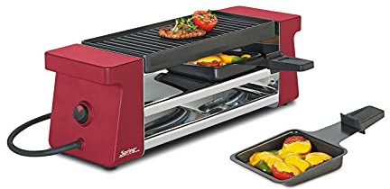 Spring Raclette 2 Personen COMPACT, rot, Tischgrill elektrisch, Antihaftbeschichtete Alu-Grillplatte, 2 Raclette Pfännchen & Spatel, Abstellebene, 34,5×10,5×11,5 cm, 400W, Raclette Grill