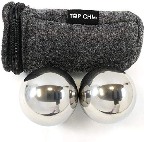 Top Chi 1 lb. 1.5 Inch Solid Stainless Steel Baoding Balls with Carry Pouch. Non-Chiming Chinese Health Balls for Hand Therapy, Exercise, and Stress Relief