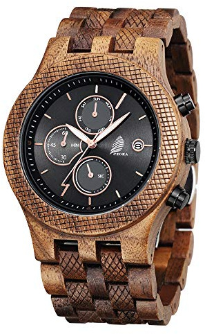 CZOKA Montre en Bois pour Hommes, 100% Montre en Bois Naturel Mouvement à Quartz Japonais Montres Bracelet réglable en Bois, Affichage de la Semaine, Black Walnut, Bracelet