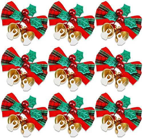 HOWAF 24pcs Christmas Bow with Bells Xmas Wreaths Bows Mini Christmas Tree Bows Decorative Xmas Fabric Hanging Decorations Ornaments New Year Festive, Red Green Gold 5x4cm