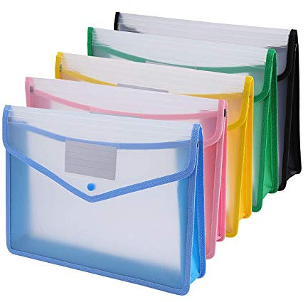 CYH Dokumententasche A4 Farbig 5 Stück Hochwertige Dokumentenmappe Sammelmappen mit Druckknopf Kunststoff Umschlag Mappe, Transparent Projektmappen zum Abheften für Reise Büro Dokument Schule