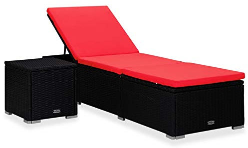 Mogou Sonnenliege mit Auflage, Gartenliege, Liegestuhl, Sonnenstuhl, Sonneninsel Outdoor, Liegen, Gartenmöbel, Bäderliege, Relaxliege,und Teetisch Poly Rattan Rot