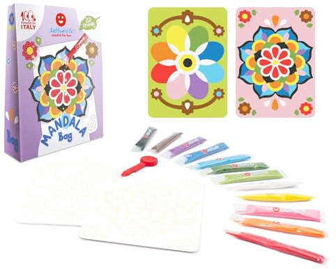 Sabbiarelli Sand-it For Fun – Bag Mandala | Mini Kit de Sand Art Mandala 100% Made in Italy avec Sable Coloré et Dessins Adhésifs | Loisirs Créatifs pour Enfants 5-12 ans