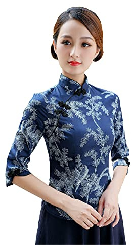 YLfly Chemisier pour femme Qipao col mandarin chemise chinoise chemisier grenouille bouton, bleu, 34