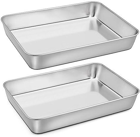 Homikit Teglia da forno in acciaio inox, grande teglia da forno, set da 2 pezzi, rettangolari, con profondità di 5 cm, per cuocere, arrostire, lucidata e lavabile in lavastoviglie, 31,6 x 24,7 x 4,8