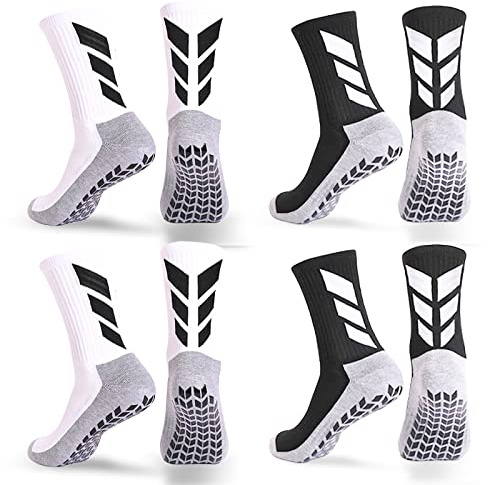 MENDENG Men's Grip Socks - Non Slip Soccer & Hospital Socks, 4 Pack Black & White