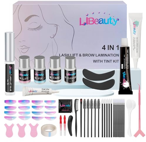 Libeauty Kit de elevación y tinte de pestañas, kit de permanente de pestañas, 4 en 1, tinte de cejas negro y kit de elevación de pestañas, con almohadillas de levantamiento de pestañas