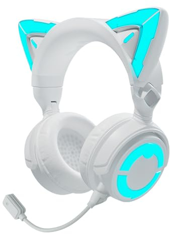 YOWU RGB Cat Ear-hörlurar 4GS – spelheadset för PC PS5 Switch Xbox, 2,4 G/trådlös/trådbunden, fästbar spelmikrofon, justerbar belysning och effekt via ApP (vit)