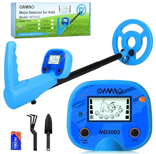 OMMO Detector de Metales para Niños, Pantalla LCD con Retroiluminación, Vástago de Aluminio 44-81cm, Detector de Metales para Niños, Bobina Impermeable IP68, Detector de Metales para Exteriores