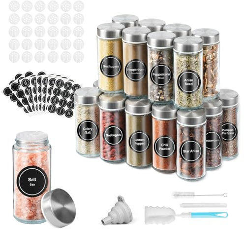Moreau 24 Pots à Épices Ronds en verre -120ml Boite a Epices Cuisine Rangement - Bocaux à épices avec couvercles en acier-Livré avec Étiquettes, Brosser, Entonnoir