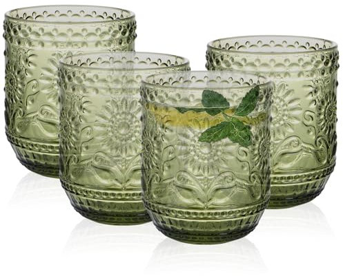 Ulable Drinking Glasses Set of 4-360ml/12oz Vintage Tumbler Glasses - Decorative Floral Embossed Water Glasses - Heavy Duty Glassware Beverages Tumblers for Whisky, Beer, Juice, Wine, Green