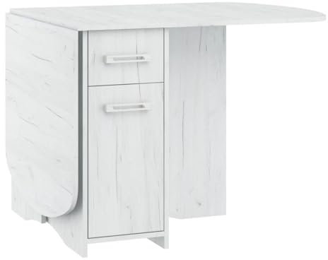 Homlando Mesa extensible HOMI Mini 10, 160 x 80 x 75 cm, mesa plegable, mesa de cocina, mesa ovalada con armario y cajones (blanco artesanal)