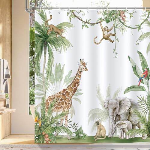 Bonhause Cortina de Ducha Animales en la Selva Tropical Bosque Jirafa Elefante Mono Cortina de Baño de Poliéster Impermeable Antimoho Lavable Cortina Ducha 180 x 180 cm con 12 Ganchos