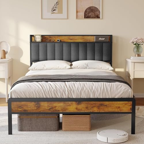 Bealife Polsterbett, Holzbett mit Metallbettgestell, gepolstertes Podest, Doppelbett mit Holzlattenrost, Stützkopfteil, Bettrahmen (Dunkelgrau, 140 x 200 cm)