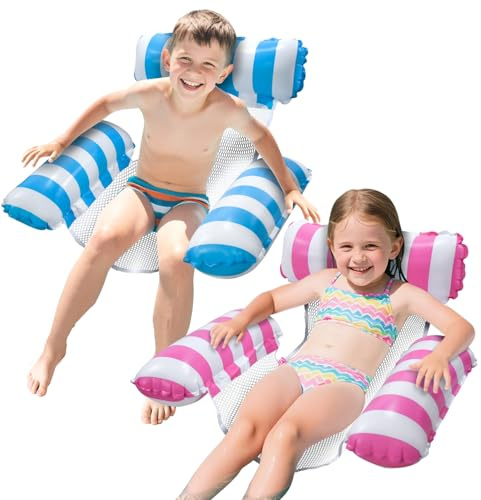 Pool Floats Kids, Meegoo 2 Pack Pool Lounge Chairs 3 Tubes Floaties Water Hammock Inflatable Pool Toys for Kids Ages 8-12 for Summer Party Beach Vacation Essentials (Blue Rose Red