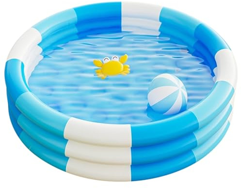 Toyhood Vintage Stripes Kids Inflatable Paddling Pool, 3 Ring Baby Swimming Pool, with Inflatable Safety Bubble Bottom, for Indoor Outdoor Girls Boys Garden Backyard (Blue)