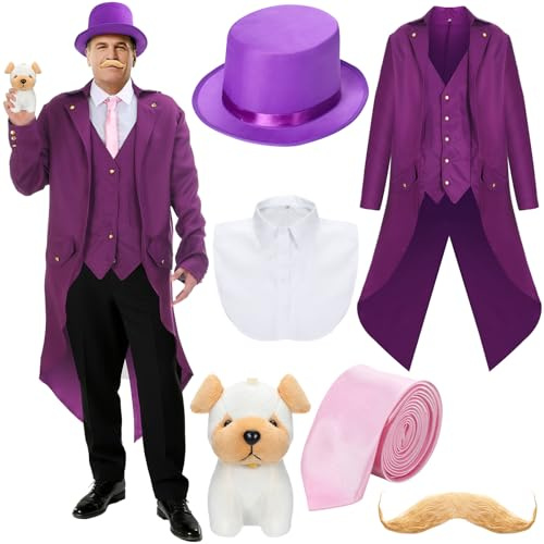 Chicingyou 6 Pcs Halloween Purple Villain Costume Purple Tailcoat Top Fake Mustache Hat Puppy Cartoon Halloween Costume(Medium)
