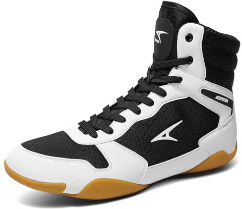 ASHION Men's Wrestling Shoes Boxing Shoes Lightweight High Top Fitness Sneakers Weightlifting Powerlifting Shoes Zero Drop Sole White Black Size 8.5