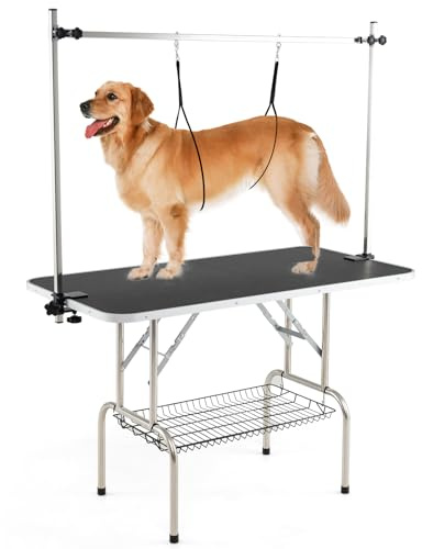 GYMAX klappbarer Schertisch, Groomingtisch für Haustiere mit höhenverstellbaren Armen, Netzablage, Leine & Klammern, Trimmtisch Tierpflegetisch Pflegetisch für Hund & Katze, 125 x 61 x 162,5 cm