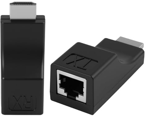 2 Piezas Extensor HDMI RJ45 sin Alimentación, Adaptador HDMI RJ45 1080p Extender Full HD Hasta 30 m, Extensor de Red Mediante Cable Red Cat6 8 Hilos Cobre, con Transmisor y Receptor Plug and Play