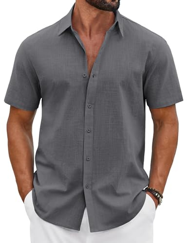 COOFANDY Camisa de hombre de manga corta de algodón para verano, ligera, informal, para vacaciones, botones, corte regular, camisa de playa