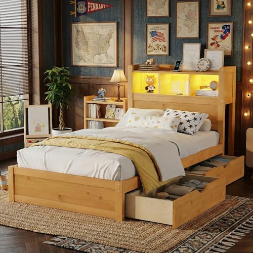 Mirightone Kids Twin Bed Frame with Drawers & Storage Headboard, Solid Wood Platform Bed with Pull-Out Cabinet, Built-in LED Light & Charging Station, No Box Spring Needed, Natural