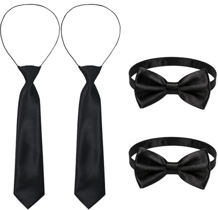 ZEMINRI 4 Pezzi Cravatta Nera, Papillon per Bambini Ragazzo Ragazza con Elastico Facile da Indossare Regolabile, Elegante Morbido Lucido Cerimonia Matrimonio Scuola Festa (Nero)