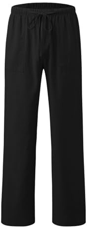 chickiddos Boys Linen Trousers - Elastic Waist Drawstring Straight Leg Trousers Slim Fit Casual Summer Holiday Beach Pants, Black, 140/9-10 Years
