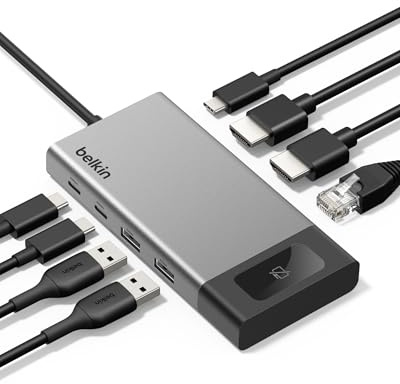 Belkin Station d'accueil USB C, Dock Multiport 8-en-1, 100 W, Affichage Double, pour Mac, Windows Et Chromebook, avec Transfert De Données De 10 Gbit/s, Ethernet, Résolutions Jusqu'à 4K À 60 Hz