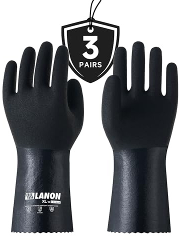 LANON 3 Pairs Nitrile Chemical Resistant Gloves, Reusable Heavy-Duty Rubber Gloves with MicroFoam Textured Palm, Acid, Alkali and Oil Protection, Black, Large