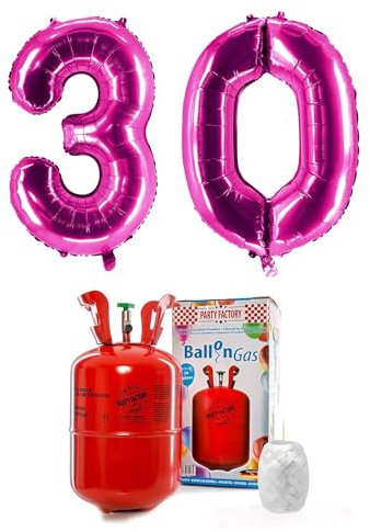 Party Factory – Helium Gasflasche 200L im Set mit XXL Zahlenballon 30 Pink – Partydeko Ballongas Flasche mit Folienballon & 40 m weißer Ballonschnur – Einwegflaschen mit Knick-Füllventil